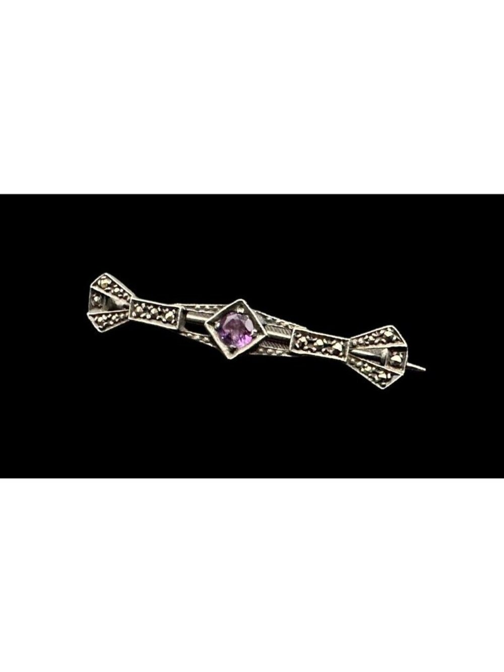 Art Deco 925 Marcasite Square Cut Amethyst Bar Brooch Vintage Sterling Silver